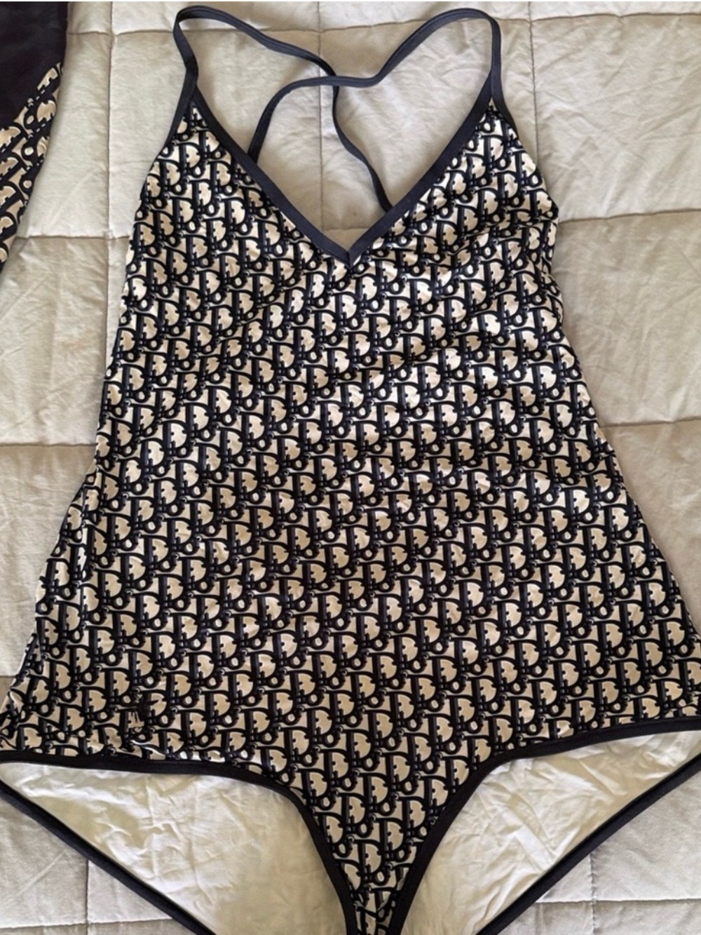 Dior Navy and Cream Monogram Slip Chemise with Crossed Straps